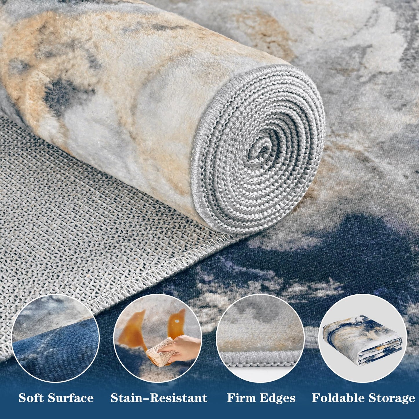 Yinhua Marble Rug 5x7, Blue and Gold Washable Rug Non Slip, Soft Faux Wool Modern Rugs Non Shedding, Low Pile Abstract Area Rugs Non Skid, Stain Resistant Floor Carpet for Living Room Bedroom Office