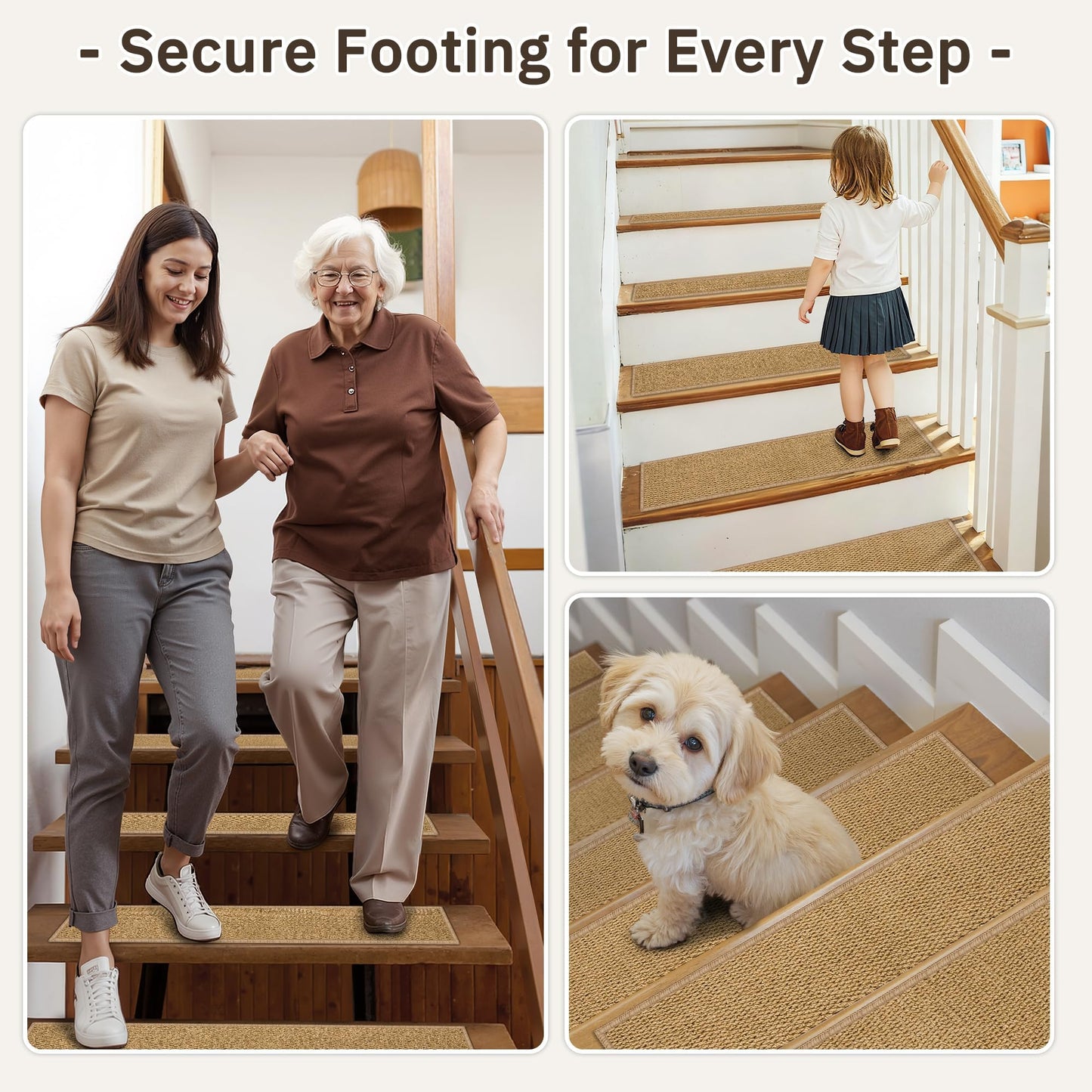 ComiComi 4PCS Non-Slip Stair Treads - 8"x30" Edging Stair Treads for Wooden Steps Washable Peel and Stick Indoor Stairs Tread Rug Stain Resistant Staircase Mat for Kids and Pets (4pc, Brown)