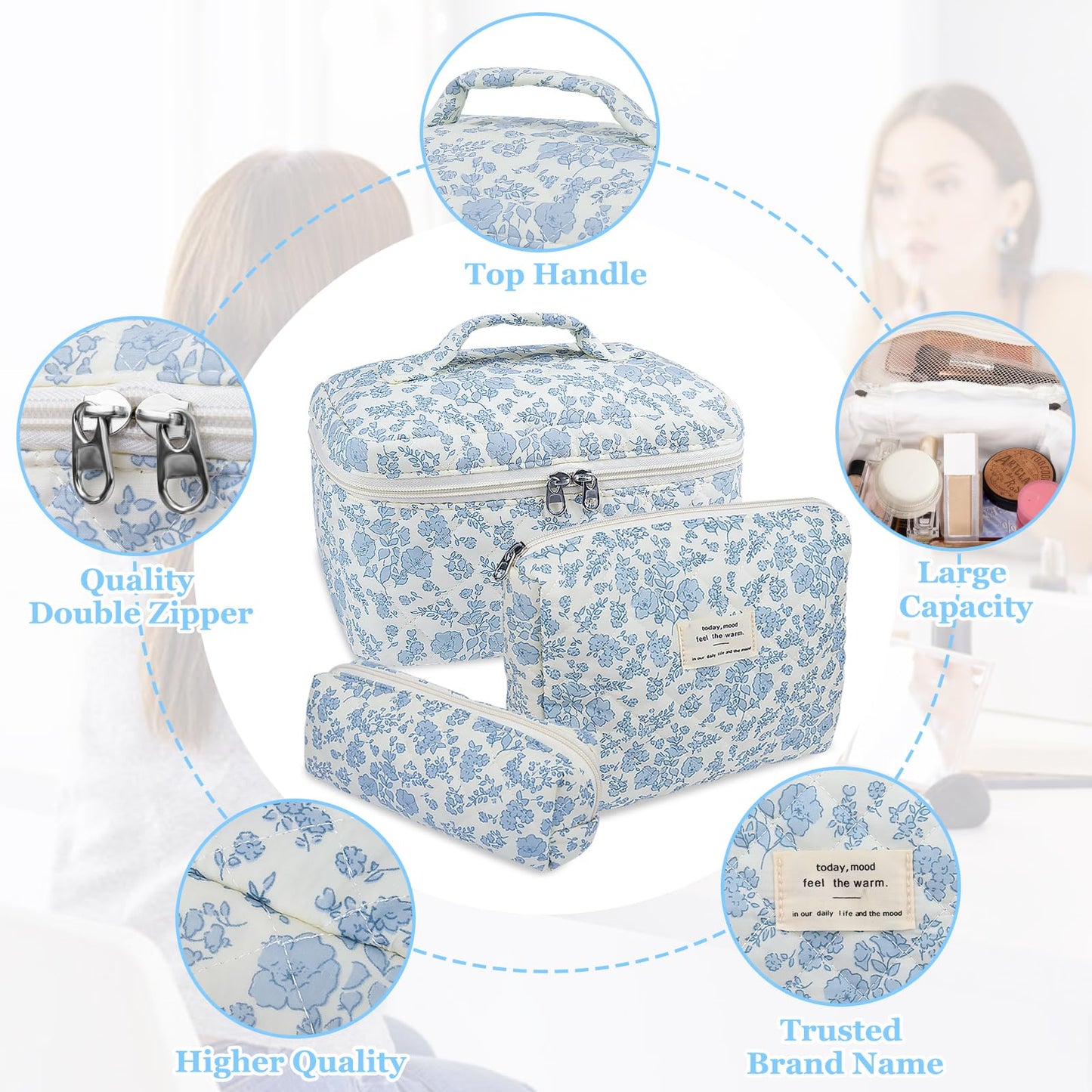 Gosect Makeup Bag, Large Quilted Cosmetic Bag, Big Floral Make Up Bag for Women Girls, Cute Cotton Makeup Bag Set, Flower Travel Toiletry Organizer Bag (Blue Flower)