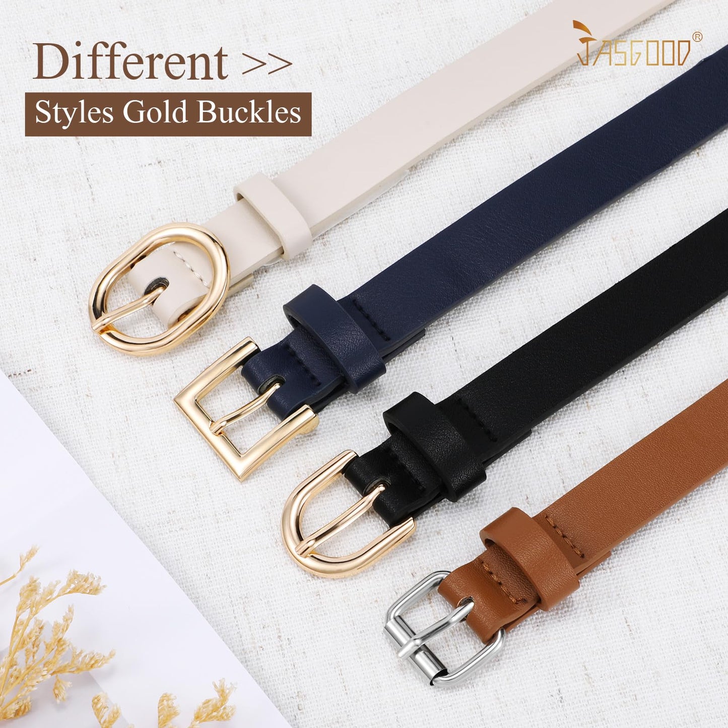 JASGOOD 4 Pack Women Skinny Leather Belt for Dresses with Gold Buckle Ladies Thin Waist Belt for Jeans Pants，Black+Blue+Brown+Beige