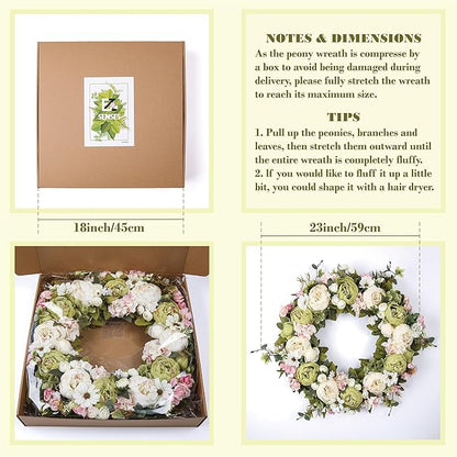 Peony Wreath 23" Floral Artificial Wreath for Front Door Wall Decor Home Décor Festival Celebration Wedding Party New Owners Seasonal Decoration Housewarming Gifts EZsenses (Green)