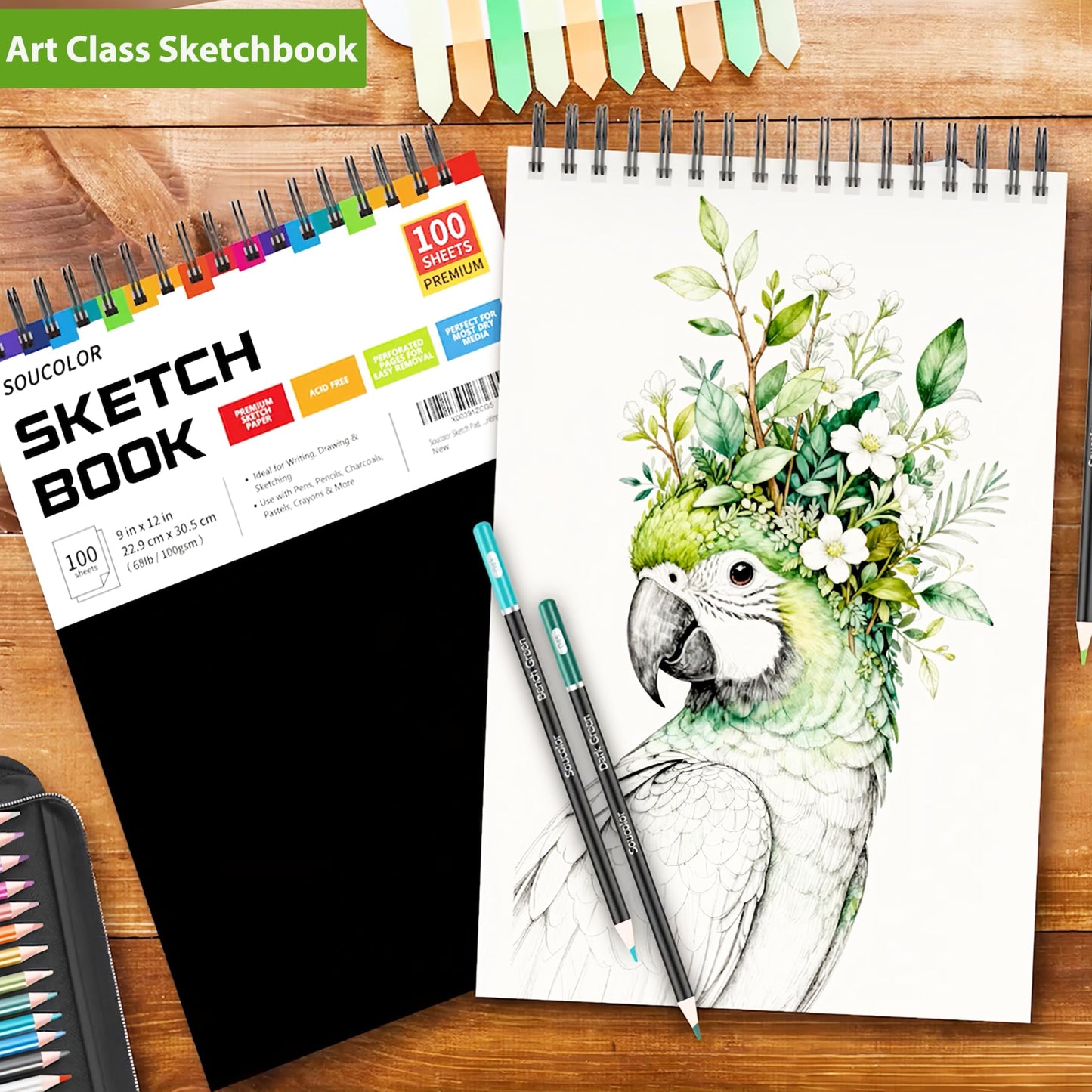 Soucolor 9" x 12" Sketch Book, 100 Sheets Top Spiral Bound Sketchbook with Acid-Free 68lb/100gsm Thick Drawing Paper, Art Sketch Pad for Kids, Adults & Artist, Professional Art Supplies for Beginners