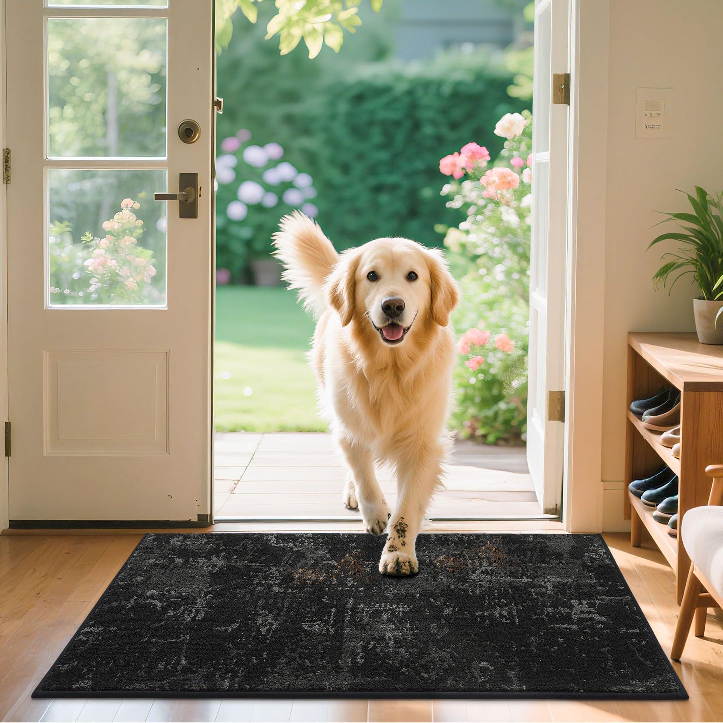 BEQHAUSE Dirt Trapper Door Mat 32" x 48", Non-Slip Doormats Washable Entryway Rugs, Stain Resistant Dog Door Mats Absorbent Welcome Floor Mat for Front Back Door, Mud Wet Shoes & Paws, Black