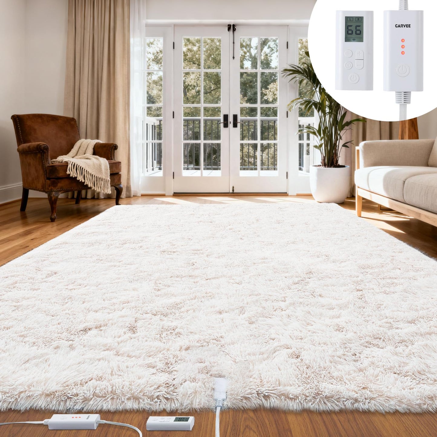 GarveeHome 5x7 ft Wireless Heated Floor Mat, Electric Heated Rug Gaming Rug with 6 Heat Levels & 10H Auto Off, Soft Plush Heating Carpet Foot Warmer for Living Room Bedroom Office Playroom, White