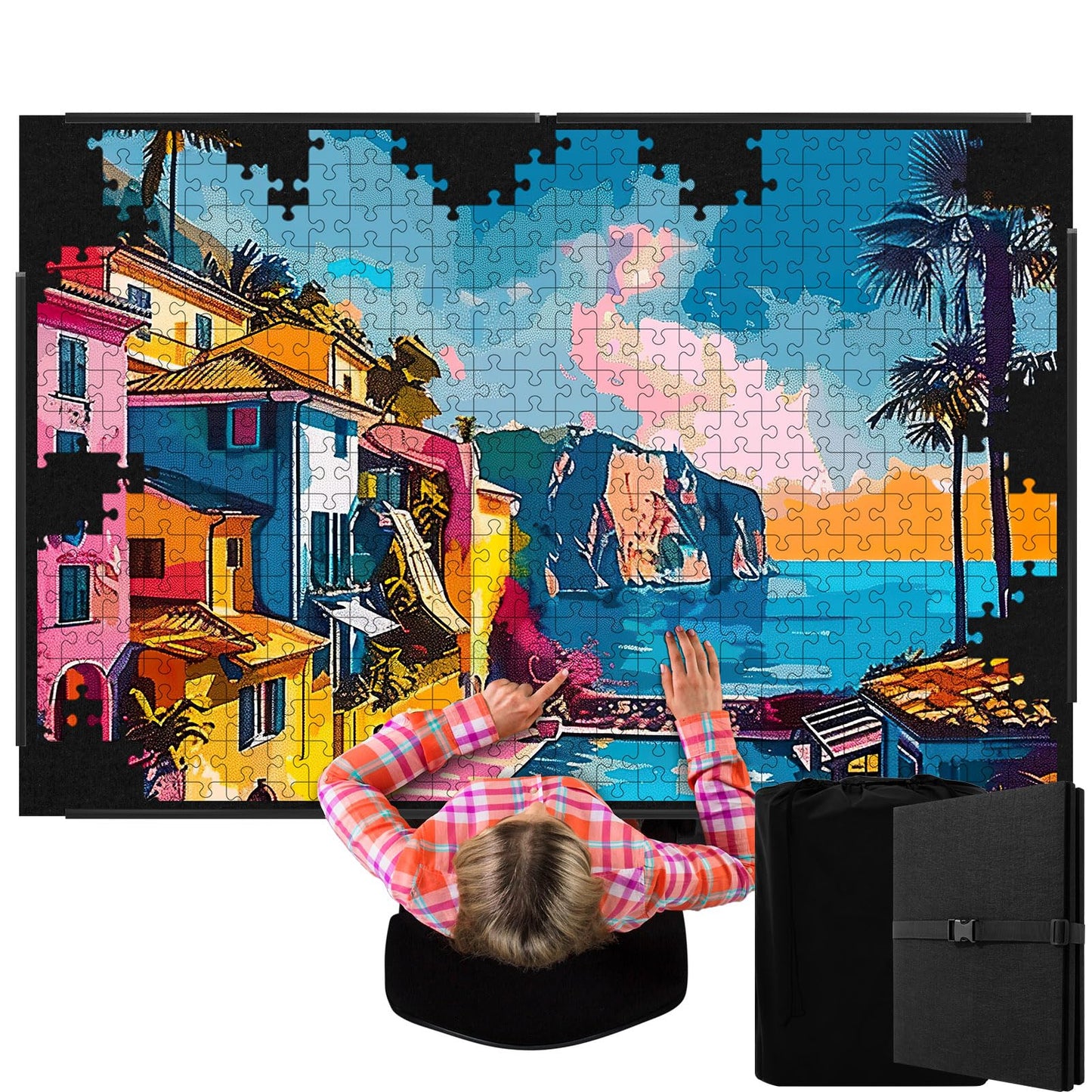 Fanfanwin 3000 Pieces Folding Felt Jigsaw Puzzle Foldable Board Mat with Non Slip Surface Puzzle Mat 55" x 37" Extra Large Portable Jigsaw Board with Storage Bag for Adults Tray(Black)