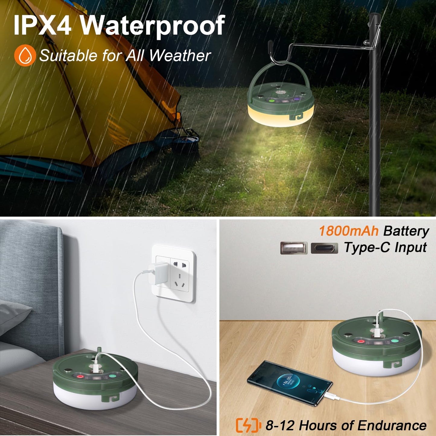 HELESIN Camping Light USB Rechargeable Waterproof Portable Stowable String Light, 4 in 1 Camping String Lights Outdoor with 8 Modes Tent Lights for Camping, Hiking, Yard, RV (Warm Light)