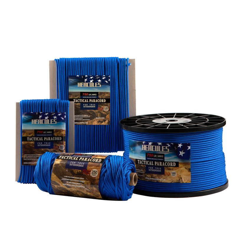 HERCULES 750lb Paracord 4mm 11 Strands Tactical Parachute Cord, 50' 100' 250' 1000' Utility Rope for Camping, Survival, Outdoor Gear (Royal Blue, 100FT)