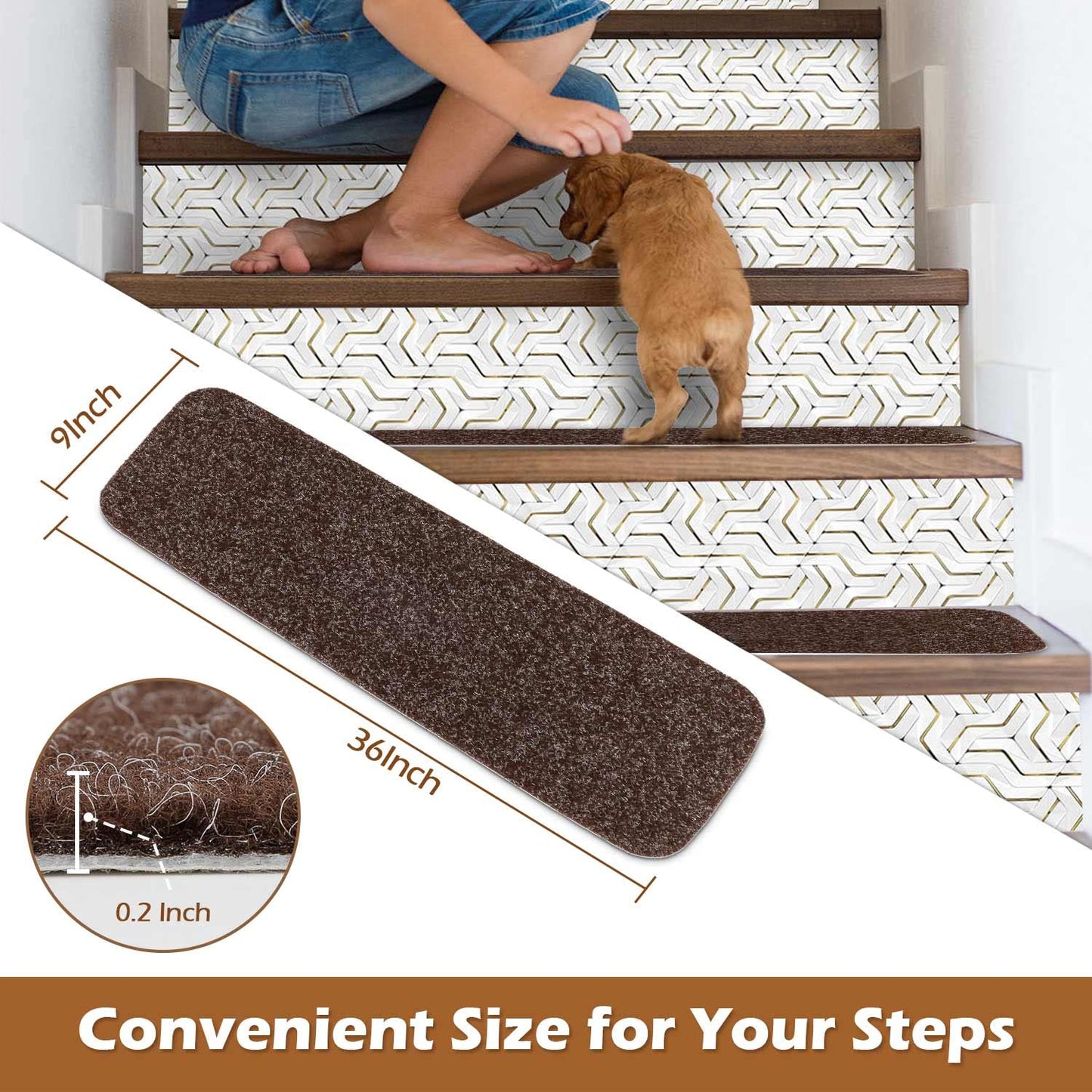 Seloom Upgraded 9" x 36" Stair Treads for Wooden Steps- Carpet Non-Slip with Non Skid Backing Specialized for Indoor Steps, Removable Washable Runners Perfect for Dogs (Brown,15-Pack, Solid)