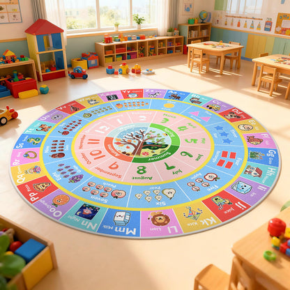 ABC Round Kids Rug for Playroom, 4x4 ft Alphabet Small Classroom Rug, Educational Kids Play Mat With Number Shape Season, Learning Area Rug for Nursery Bedroom Kidsroom, Colorful Non-Slip Washable