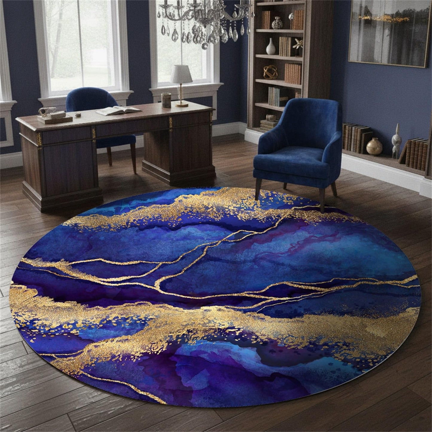 Royal Blue Gold Modern Abstract Marble Pattern Round Area Rugs for Living Room Bedroom Art Deco Circular Rug Soft Wool Washable Non Shedding Home Office Conference Room Large Floor Carpet 6ft