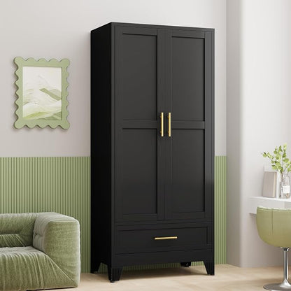 GAIOUS Metal Armoire Wardrobe Closet Cabinet with 2 Doors and Drawer, 71" | Household Wardrobe Cabinet with Hanging Rod, Clothing Storage Cabinet with Adjustable Shelf for Bedroom Cloak Room Gym Black