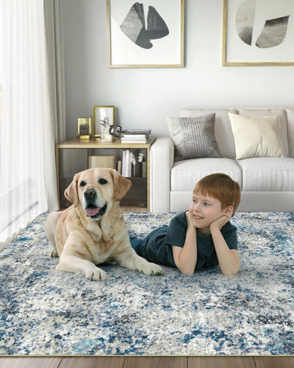 AUKOW Washable Area Rug for Living Room: 6x9 Modern Abstract Neutral Soft Rug for Bedroom Dining Room No Slip Low Pile Carpet for Nursery Home Office - Grey/Blue