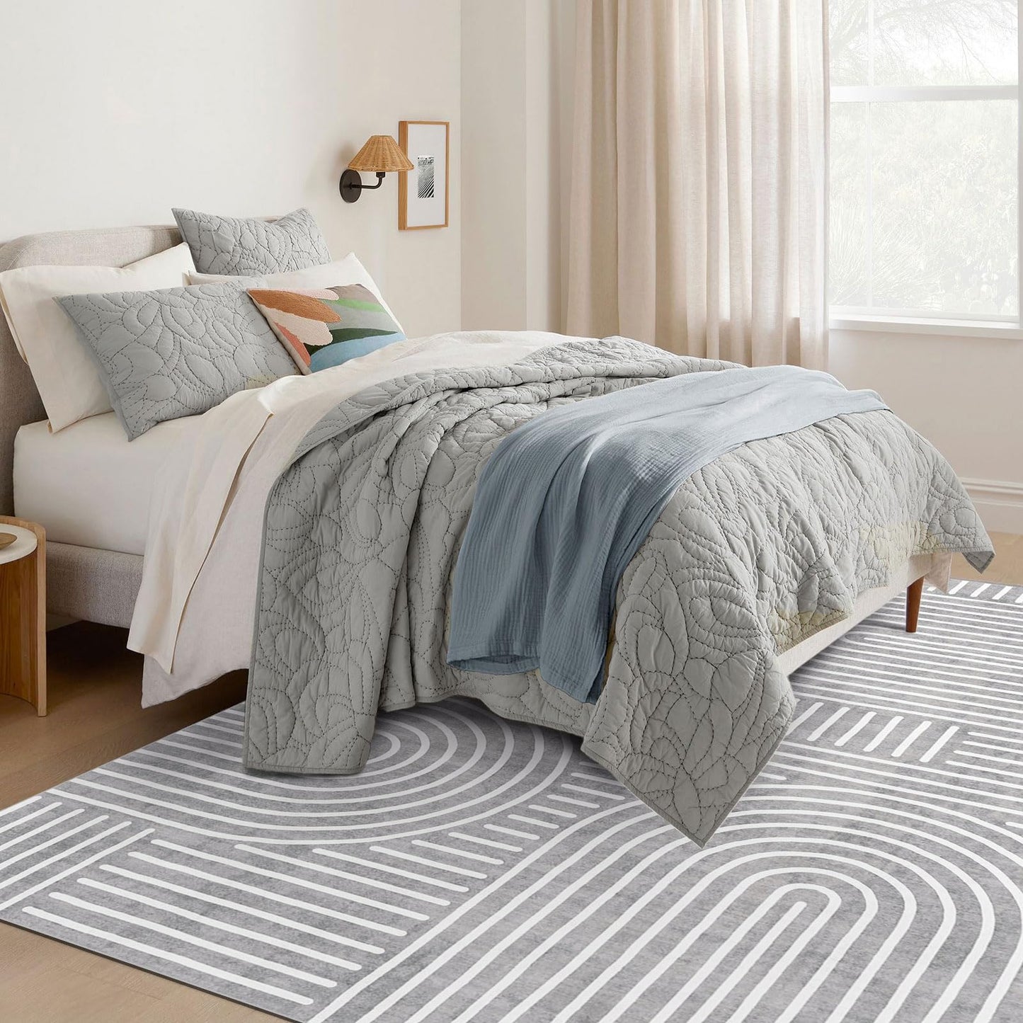 LUXRUG Washable Area Rug 5x7 - Boho Living Room Rug Soft Bedroom Rug Ultra-Thin Grey Modern Abstract Rainbow Dining Room Rugs Indoor Carpet for Living Room Nursery Room