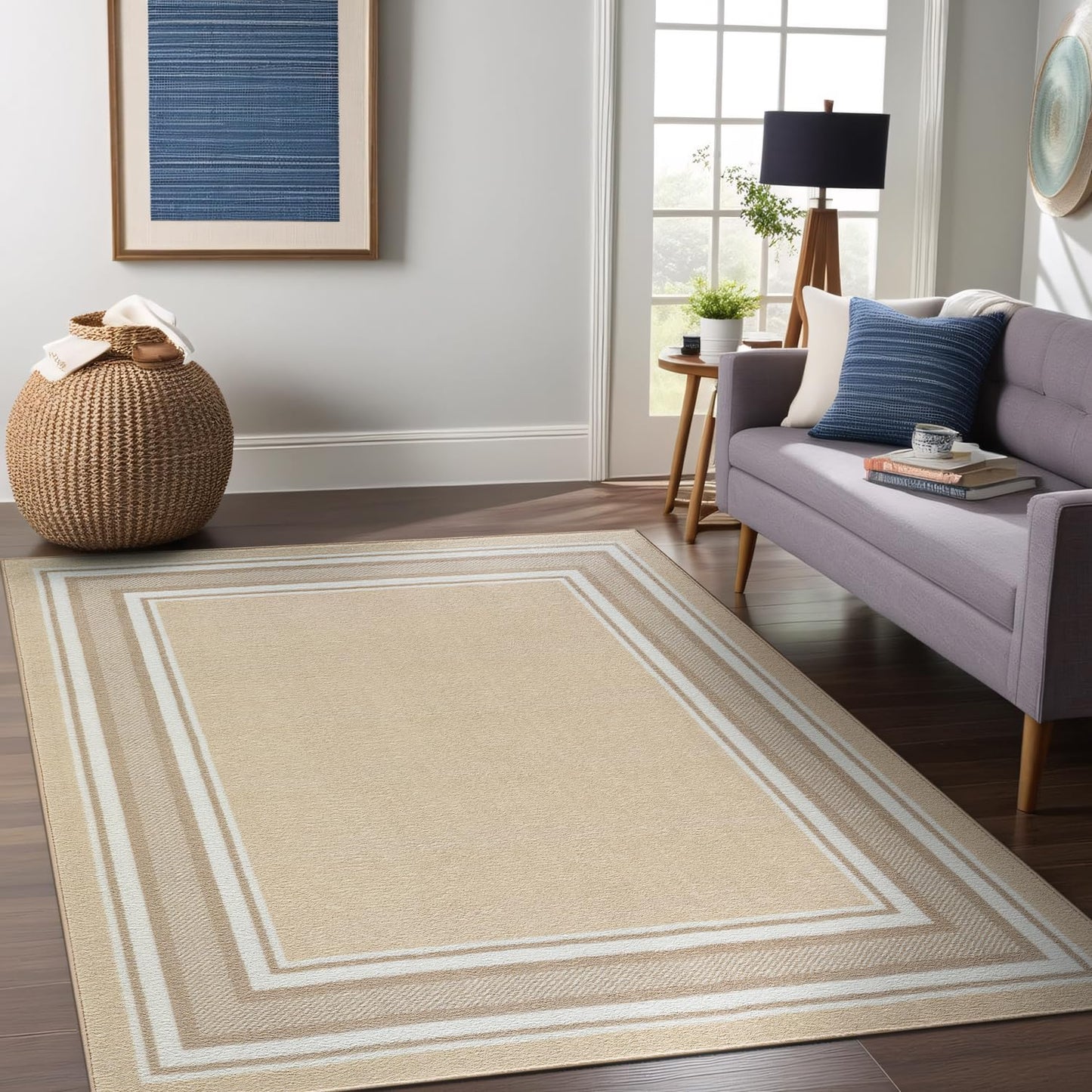 Beverly Rug Non Slip Area Rugs 5x7 Modern Bordered Non Skid Rubber Backing Soft Area Rug for Living Dining Room Easy to Clean Non Shedding Kitchen Bedroom Indoor Carpet 5 x 7 Beige