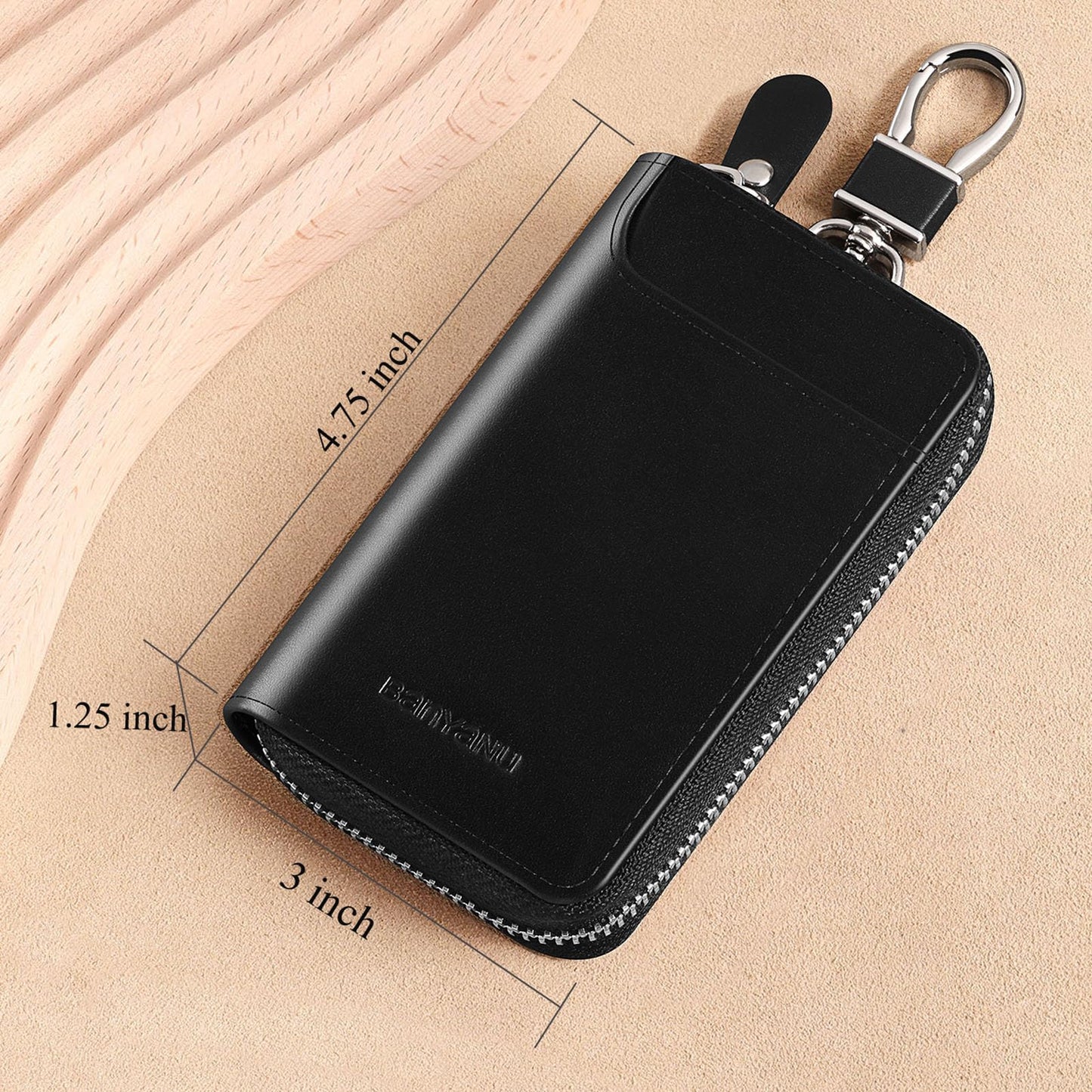 Teisson Car Key Case for Men and Women, Black Genuine Leather Card Holder Wallet Keys Pouch Organizer Bag with 6 Keychain Hooks, 3 Cards Slot (Black w/keychain)