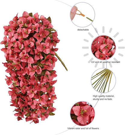 HyeFlora Bougainvillea Artificial Hanging Flowers Plants for Outdoors Winter Decoration, 2pcs Faux Bougainvillea Vines Red Fake Flowers Realistic UV Resistant Silk Flowers for Outside Planter Yard Urn