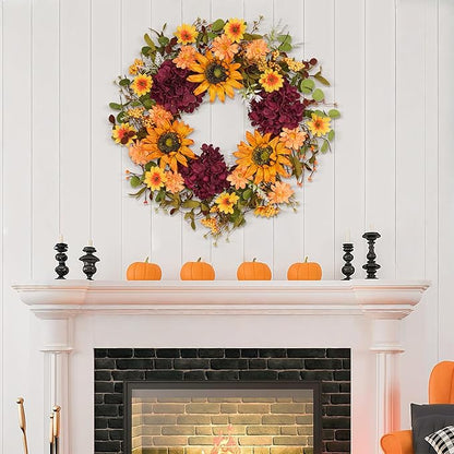 Sunflower Wreaths for Front Door, 24'' Autumn Wreath with Sunflower Hydrangeas & Leaves for Porch Window, Halloween Thanksgiving Wreaths for Home Decor
