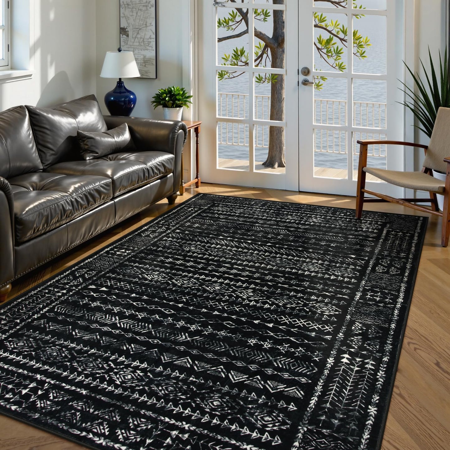Zealude Boho Black and White 5x7 Area Rugs for Living Room, Large Washable Rug for Bedroom Dining Room, Moroccan Geometric Distressed Throw Carpet for Entryway Kitchen Playroom Office(5 x 7,Black)