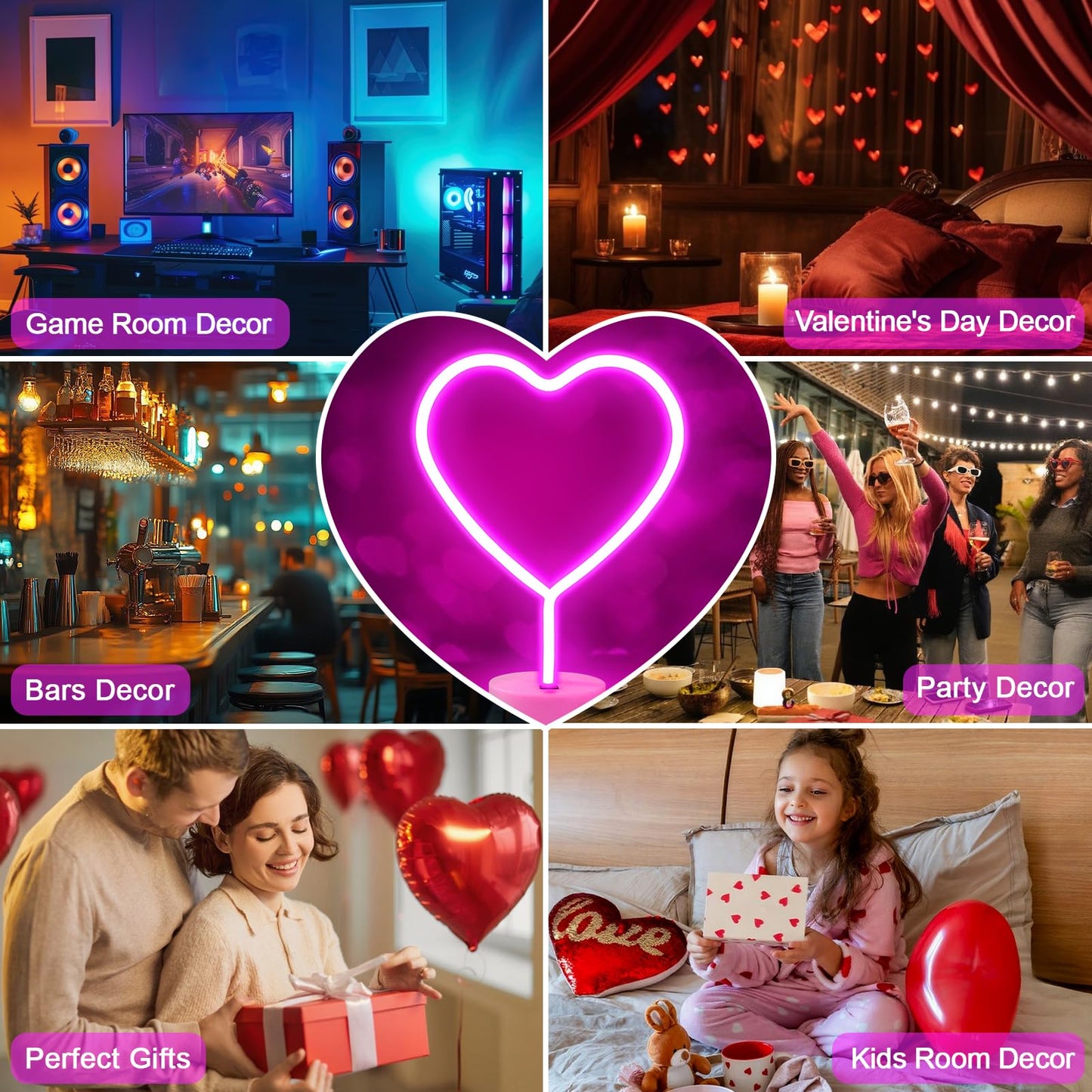 BRIGHTDECK 2 Pack Heart Neon Signs, LED Lights Battery Operated or USB Powered Decoration Lamp, Neon Lights Decor for Valentine's Day Gifts, Wedding, Party, Pink Room Decor (Pink Heart)