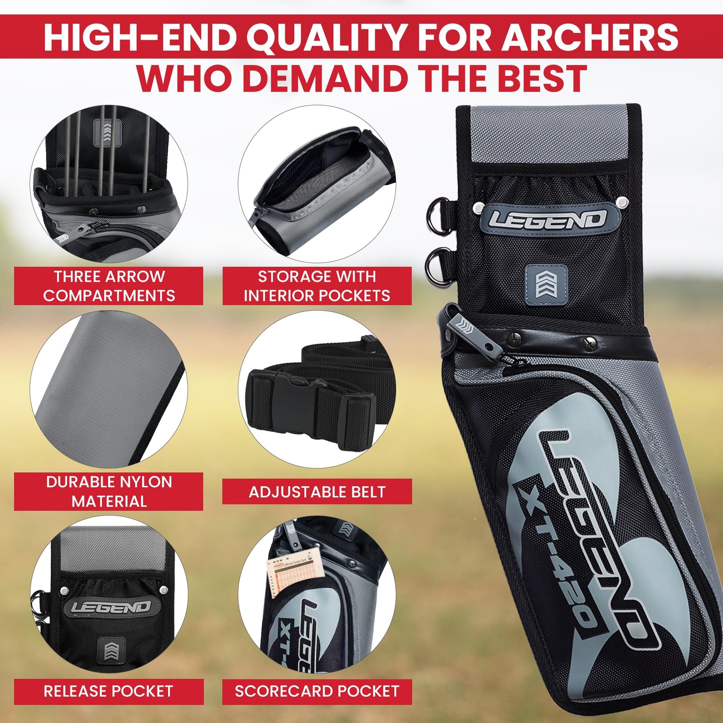 LEGEND XT420 Arrow Quiver - Quiver Arrow Holder, Archery Quiver with 3 Arrow Tube, Durable Nylon Hip Quivers with Multiple Pockets for Archery Accessories, Score Card & Tools - Right Handed,Army Green