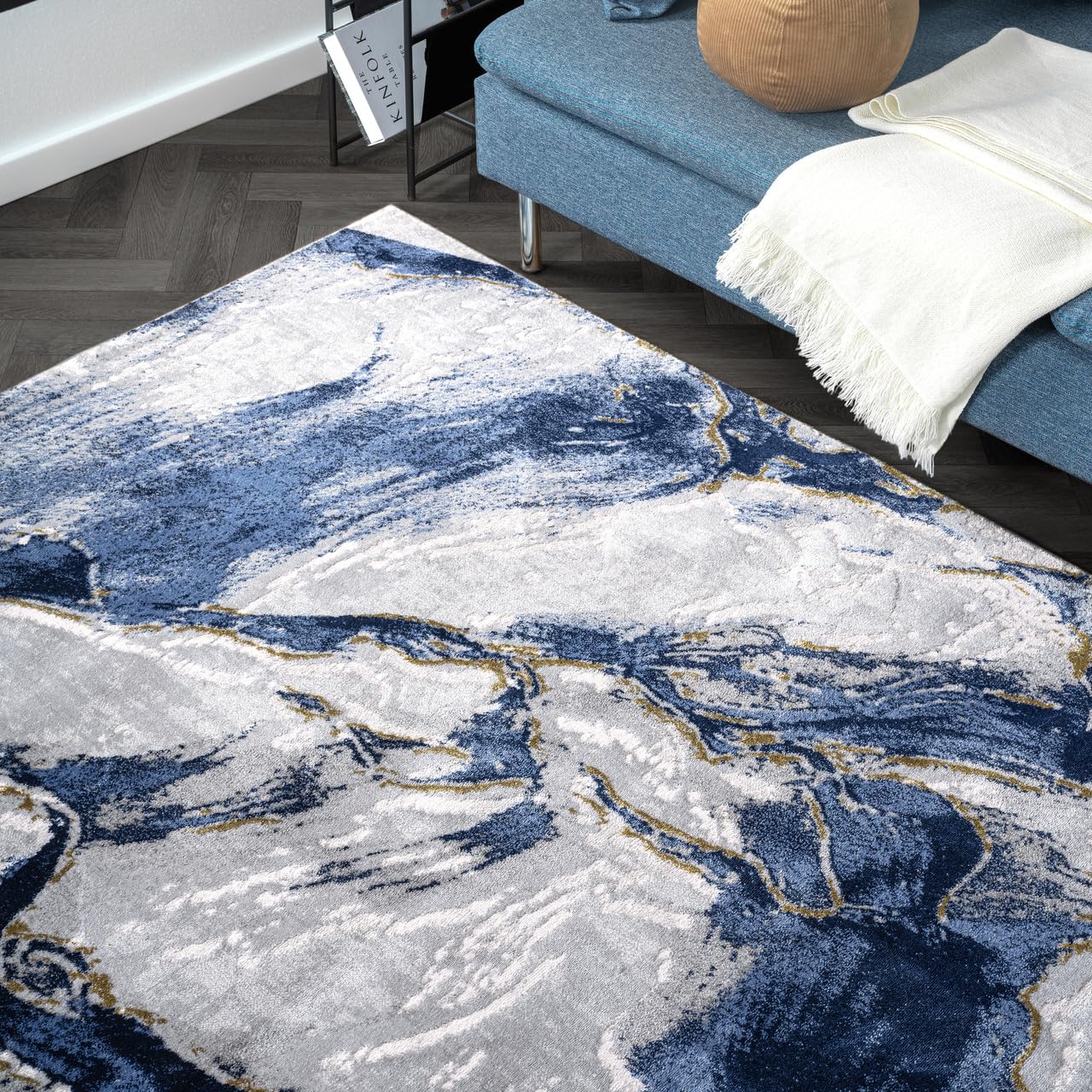 Abani Regal Collection Area Rug - Abstract Grey Blue Design - Washable for Living Room, Bedroom & Office 5' x 8'