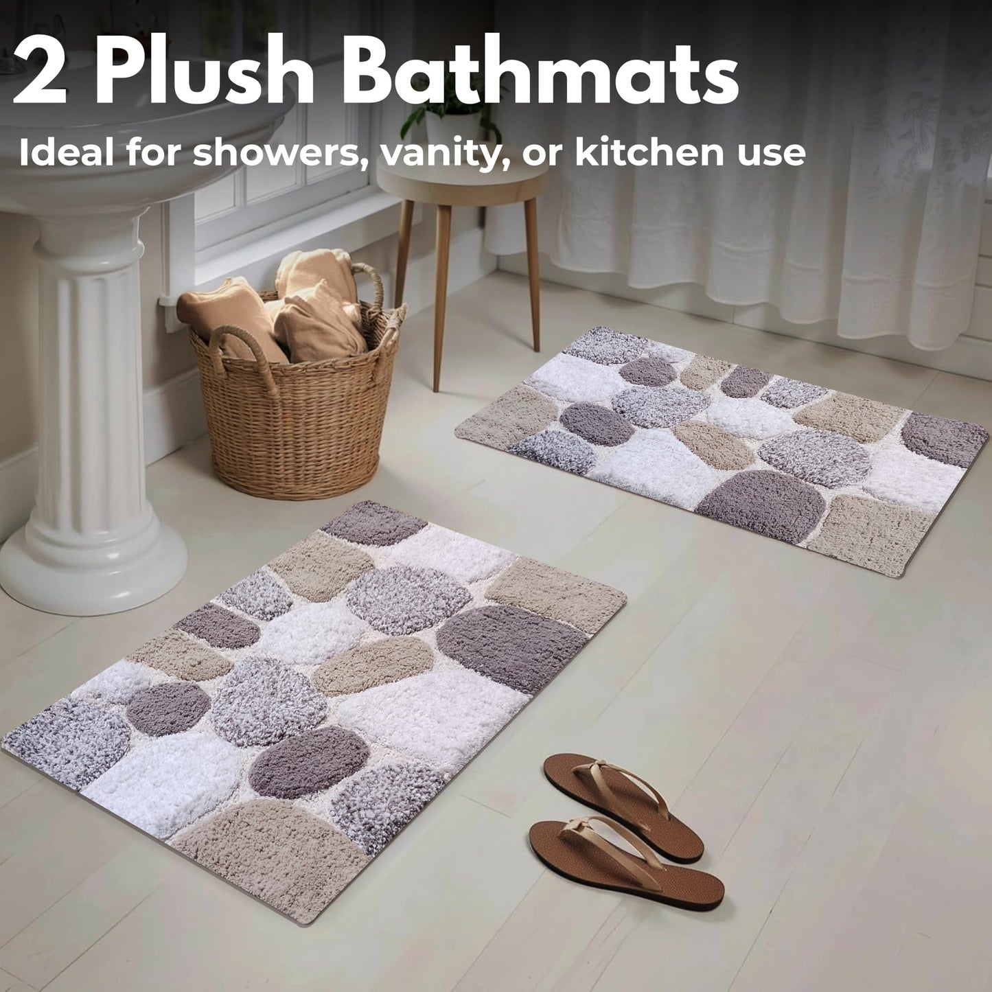 Ramanta Home Pure Cotton Pebble Stone Bath Rug Set of 2 - Light Grey, Super Soft Anti Skid Absorbent Bath Rug for Bathroom, Kitchen, Shower, Bath Tub, Machine Washable - 21x32 & 17x24 Inch