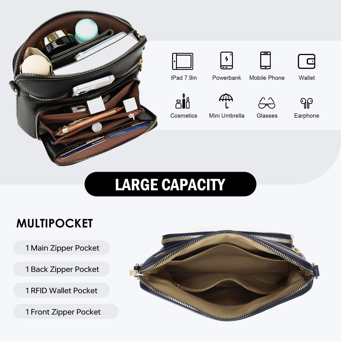 Goinsound RFID Crossbody Bag for Women Crossbody Purses for Women with Built in Wallets Black