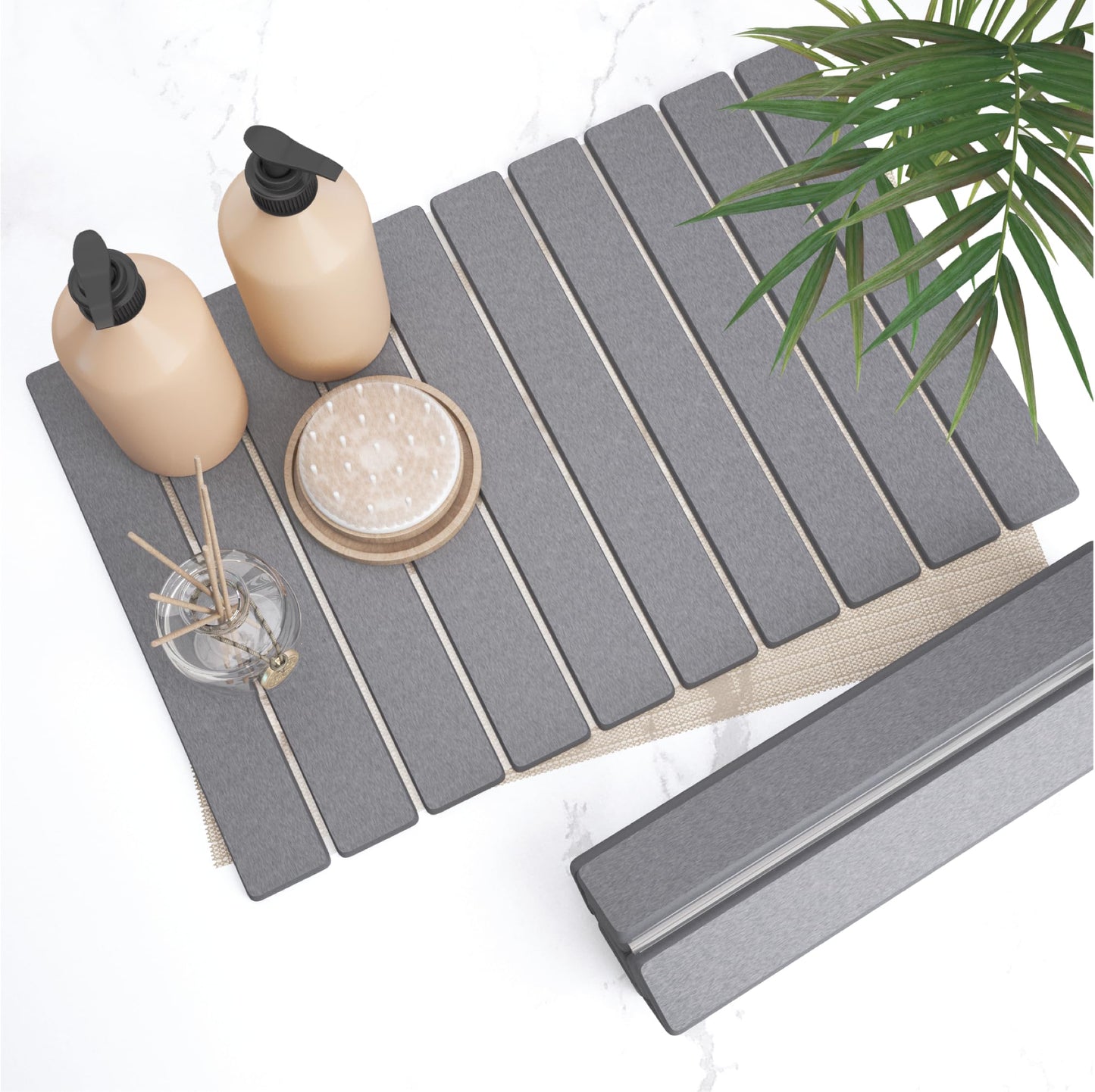 Stone Bath Mat for Bathroom – Roll-Up & Foldable | 23.62" x 15.75" | Quick Drying & Super Absorbent | Long Diatomite Stone Drying Mat for Kitchen| Non-Slip | Durable | Gray