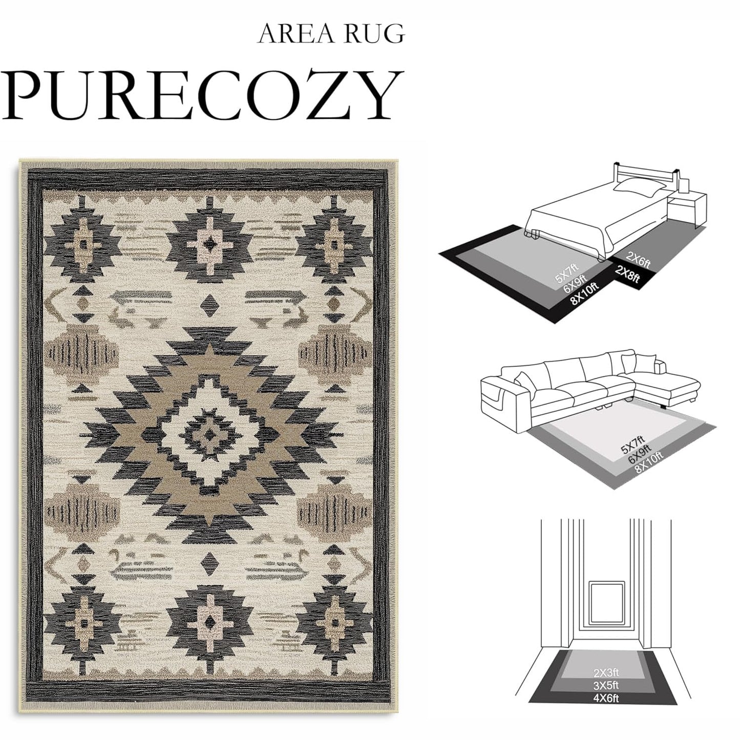 Area Rug 5x7 Western Rug Living Room Southwestern Aztec Rugs Machine Washable Tribal Navajo Southwest Rug Non Slip Printed Low-Pile Indoor Floor Carpet for Dining Room Bedroom Office, Beige