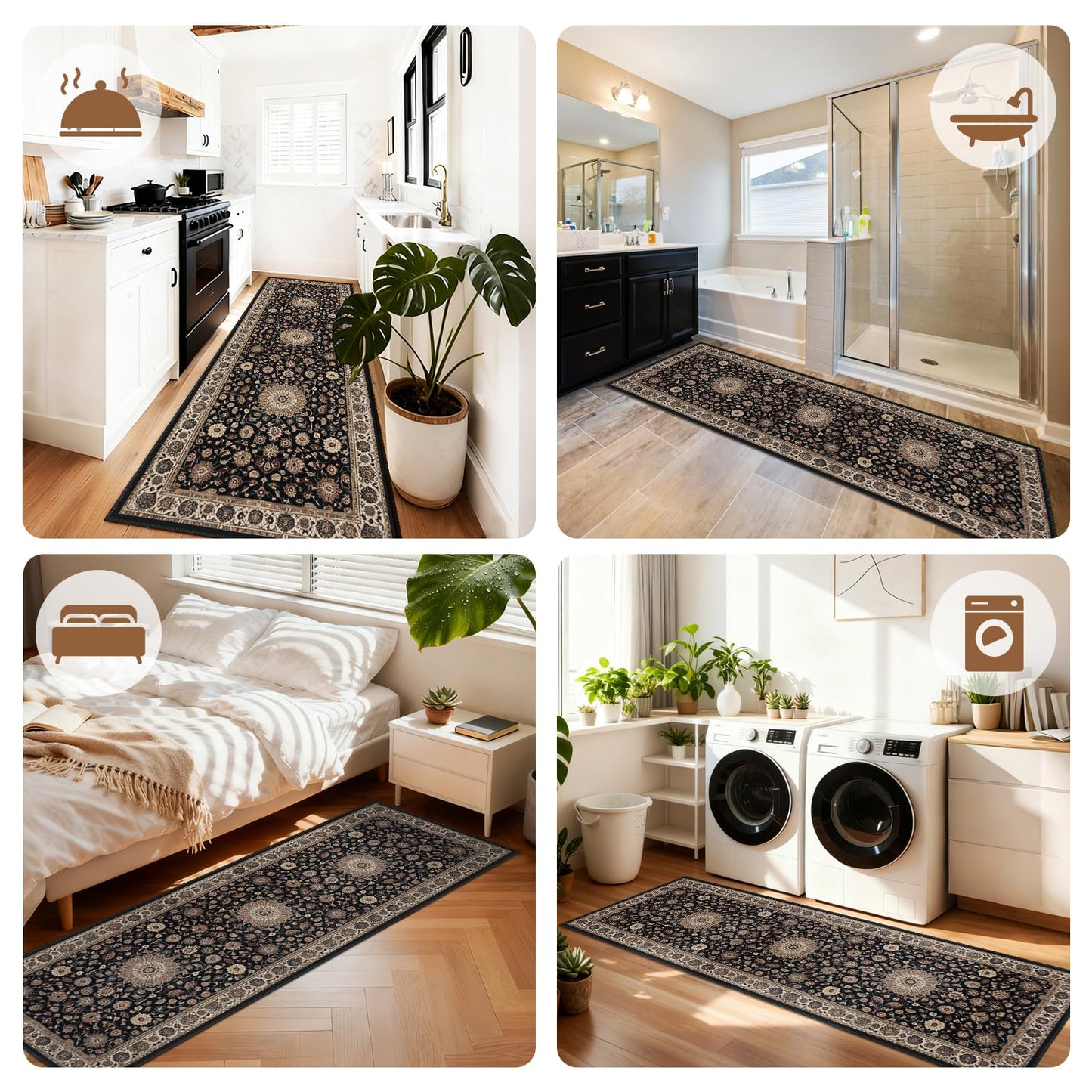 XSYarn Hallway Washable Runner Rug 2'x6' Vintage Soft Farmhouse Entryway Kitchen Runner TPR Non-Slip Low-Pile Boho Floor Carpet Runners for Bedroom Bathroom Laundry Room, Brown