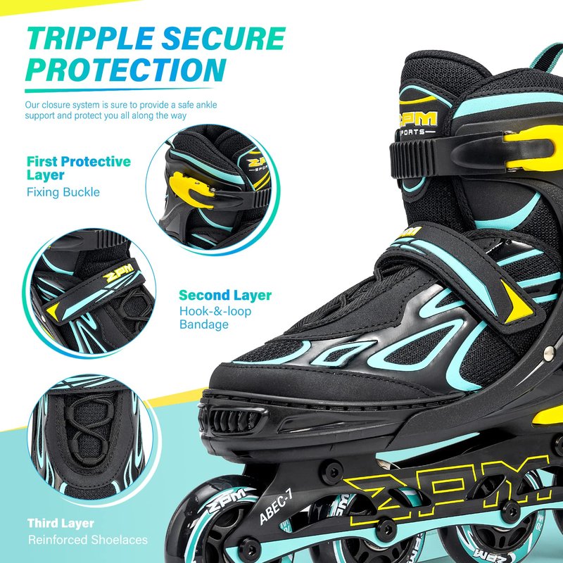 2PM SPORTS Vinal Girls Adjustable Flashing Inline Skates, All Wheels Light Up, Fun Illuminating Skates for Kids and Men - Cyan Small (11C-13C US)