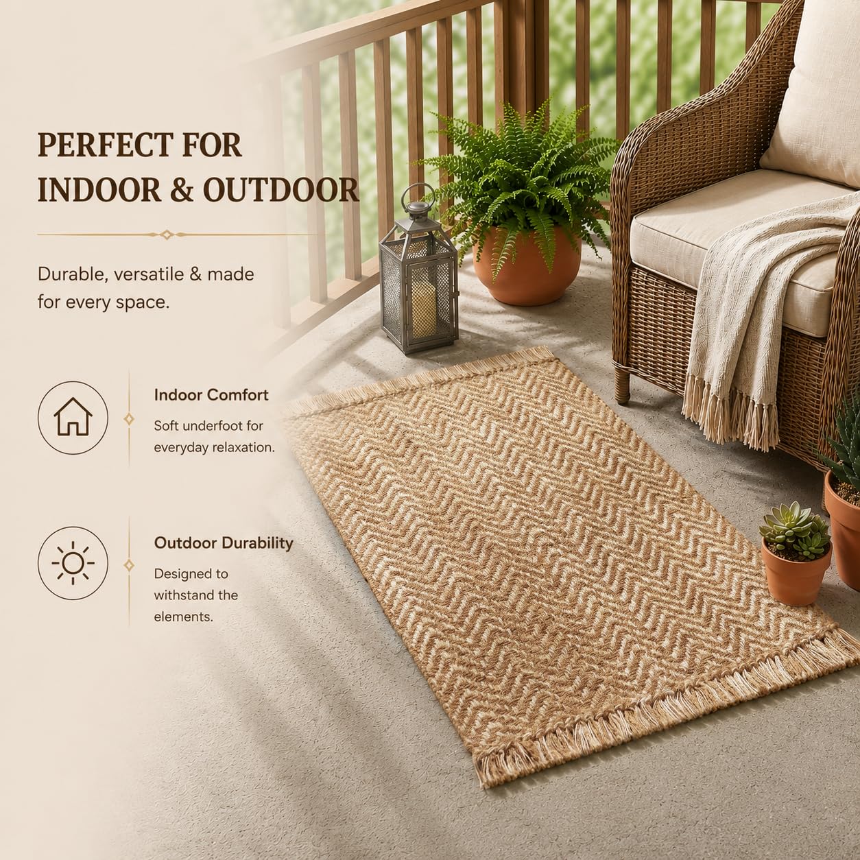 Chevron Weave with Fringes Woven Area Rug 2x3 Ft - Beige, Small Soft Decorative Reversible Front Door Mats Ideal for Entryway, Kitchen, Nursery, Office | Farmhouse Brown Accent Indoor Space Decor Mat