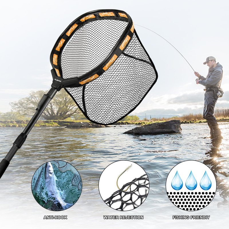 PLUSINNO Fishing Net Fish Floating Landing Net, Kayak Nets with Fixed Foldable Telescopic Pole Handle,Bass Trout Fishing Nets with Nylon Mesh for Pond Lake River,Fishing Gear Gifts for Men Orange 1.0M