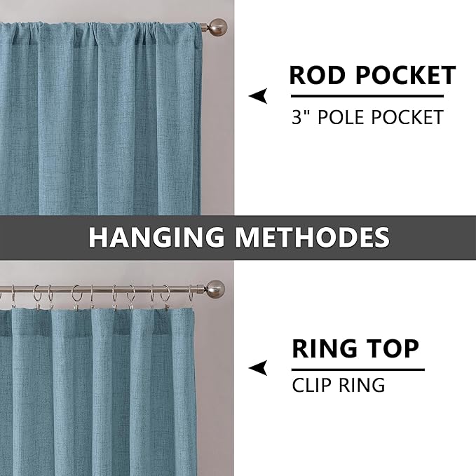 Tollpiz Linen Curtains Living Room Rod Pocket Semi Sheer Curtain Burlap Light Filtering Thick Linen Drapes for Bedroom, 38 x 63 inches Long, Dusty Blue, Set of 2 Panels