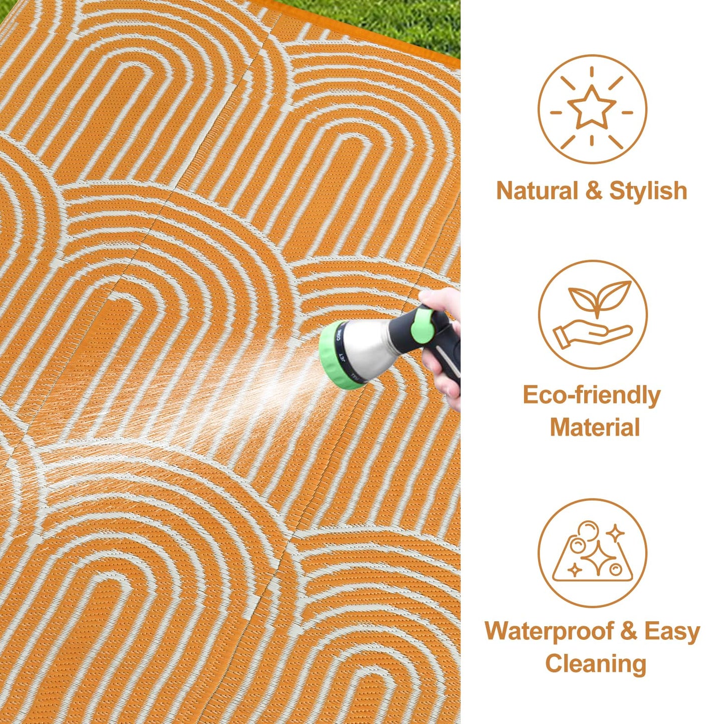 Lahome Outdoor Area Rugs 8x10 Waterproof, Plastic Reversible Rv Mats for Outside, Portable Lightweight Camping Carpet for Beach Backyard Garden (Rainbow Orange, 8'x10')