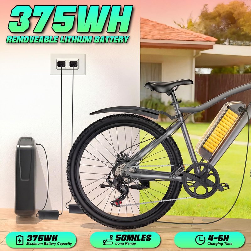 Electric Bike for Adults, 26" Commuter Ebikes with 7-Speed Gears, 25MPH Lightweight E Bike, 720W Peak Motor, 375Wh Removable Battery, 50 Miles Range, Electric Mountain Bicycle for All Terrain (Gray)