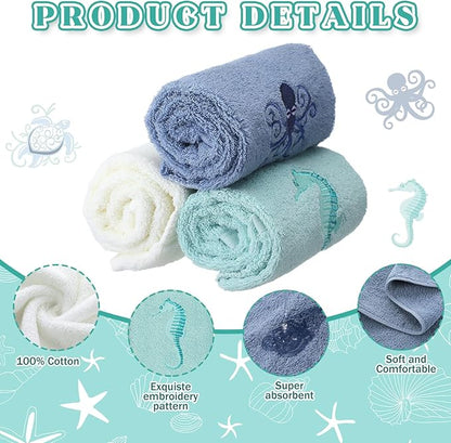 3 Pack Coastal Hand Towels for Bathroom 100% Cotton Embroidered Bathroom Towels