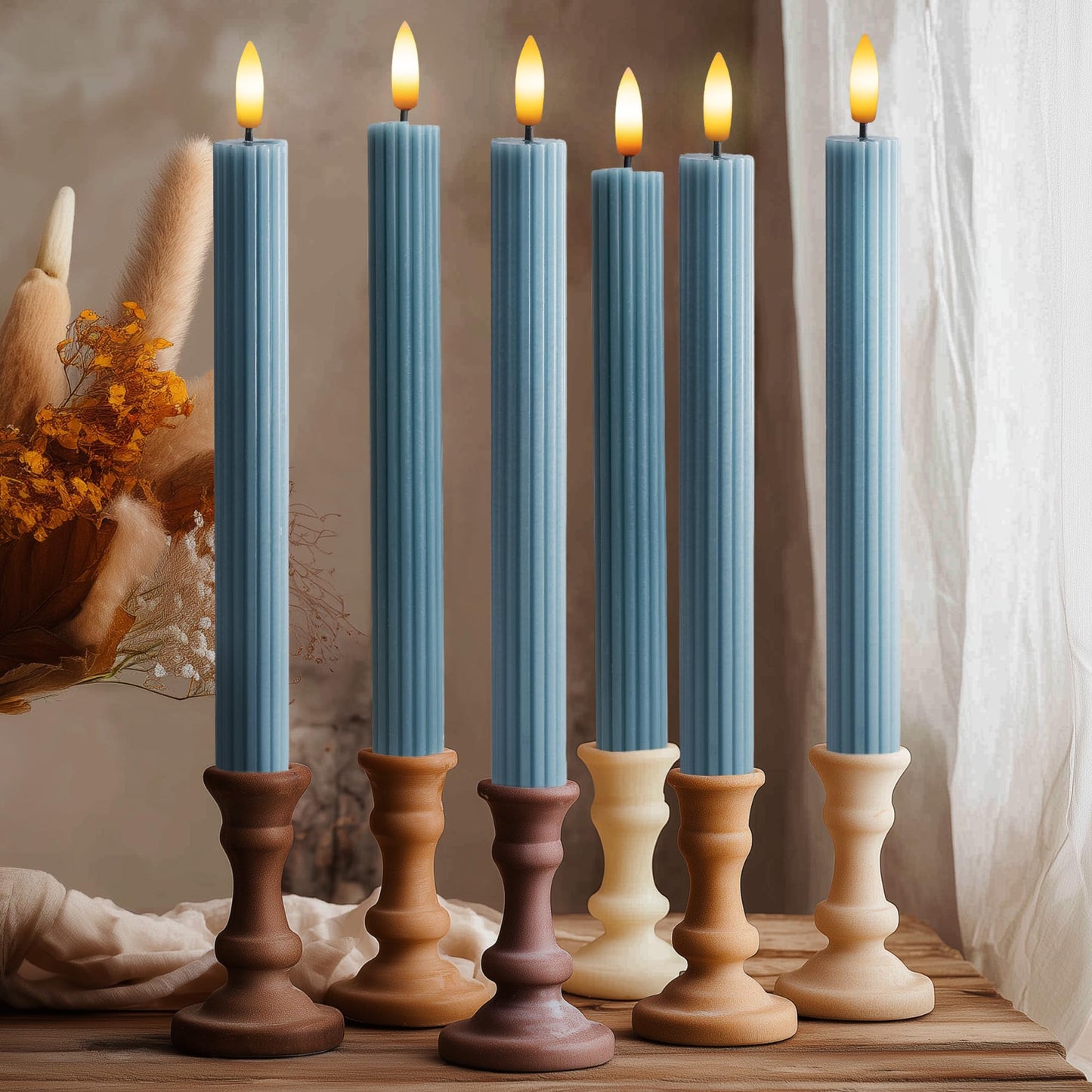 West Ivory 12 Pack, 10" LED Flameless Blue Fluted Ribbed Grooved Taper Candles with 2 Remotes & 24h Timer Memory, On/Off Button, Dimmable, Flicker Mode, Battery Operated, Christmas Menorah Wedding