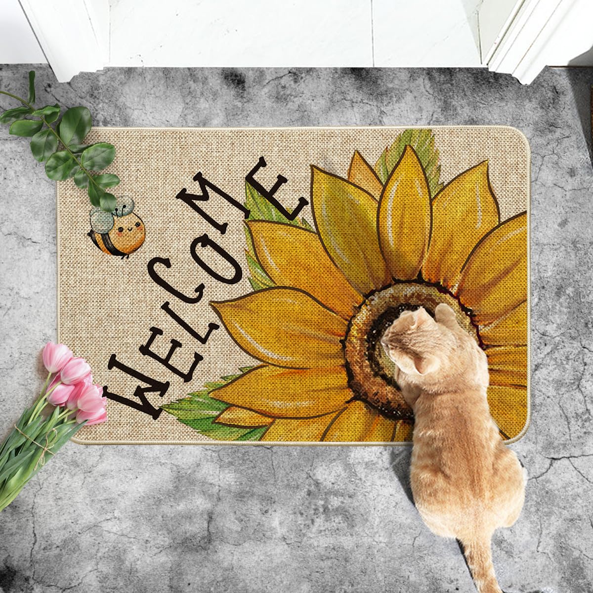 Artoid Mode Sunflowers Bee Welcome Summer Doormat, Seasonal Summer Holiday Yard Floor Switch Mat for Indoor Outdoor 24x35 Inch
