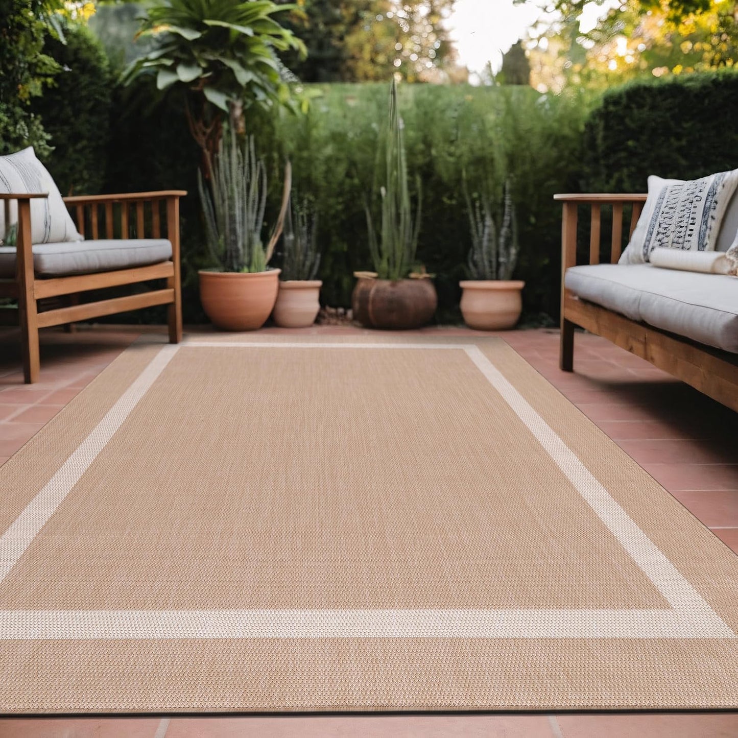 Luul Home Bordered Outdoor Rug 8x10 Washable Outside Carpet for Indoor Patio Porch Waterproof Easy Cleaning Non Shedding Area Rugs Beige 8 x 10