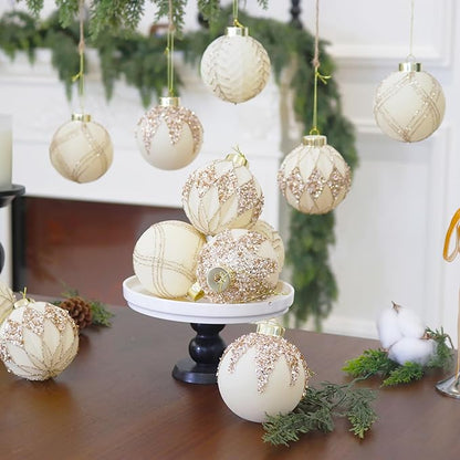 3.15INCH Beige Velvet Ornaments for Christmas Tree, 12PCS Glitter Flocked Christmas Ornaments Decorations Balls Set Decor