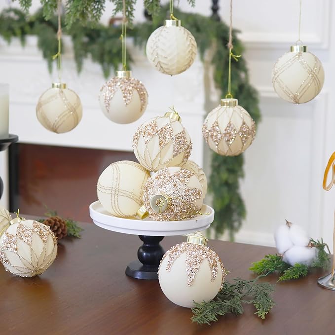 4inch Velvet Ornaments for Christmas Tree, 9PCS Glitter Flocked Christmas Ornaments Decorations Balls Set Decor Beige