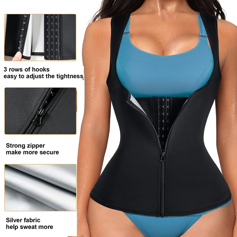 LANCS Women Waist Trainer Vest Sauna Suit Zipper Cincher Body Shaper Corset Sweat Vest Slimming Workout Tank Tops (Black, XX-Large)