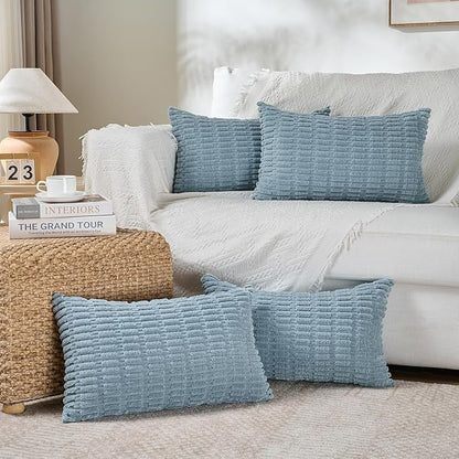 Fancy Homi 1 Pack Boho Light Blue Decorative Throw Pillow Covers 12x20 Inch for Couch Bed Sofa, Rustic Modern Farmhouse Home Decor, Soft Plush Corduroy Cute Rectangle Cushion Case 30x50 cm