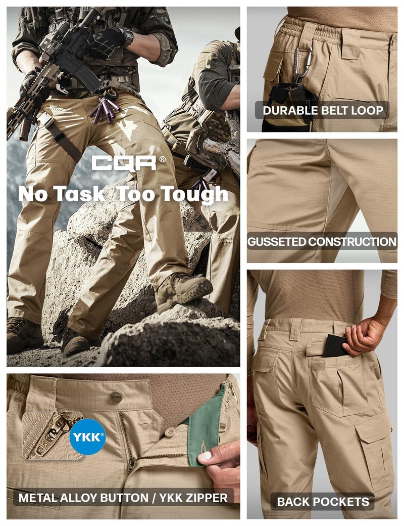 CQR Men's Tactical Pants, Water Resistant Ripstop Cargo Pants, Lightweight EDC Work Hiking Pants, Outdoor Apparel, Raider Khaki, 36W x 36L