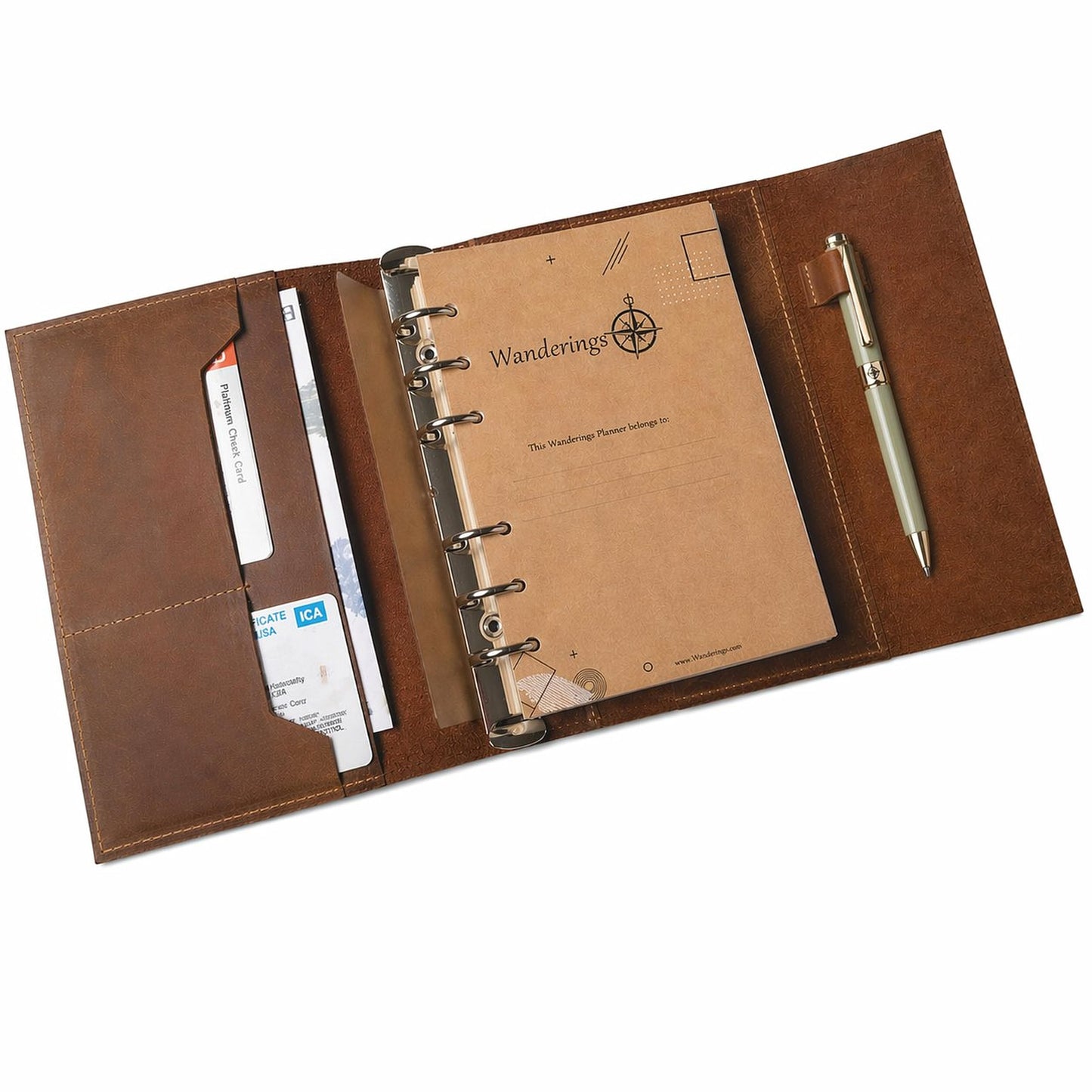 Wanderings A5 Leather Binder Planner - Refillable 6 Ring Journal with Inner Pockets - Hand-Crafted Genuine Leather Organizer- Filofax Compatible. 2026/27 Monthly Weekly Calendar with Notes - 6" x 8.5"