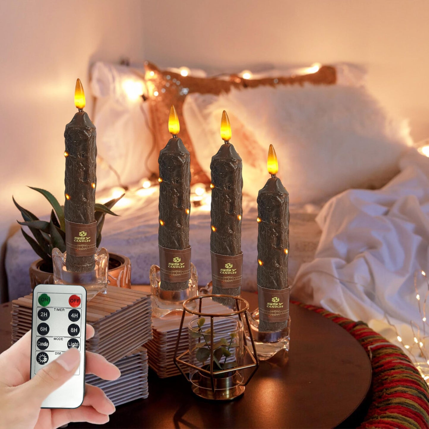 XINAOBAOLUO 6.5 inch Flameless Brown Taper Candles Flickering with 10-Key Remote, Battery Operated Led Warm 3D Wick Light Window Candles Real Wax Pack of 4, Christmas Home Wedding Decor