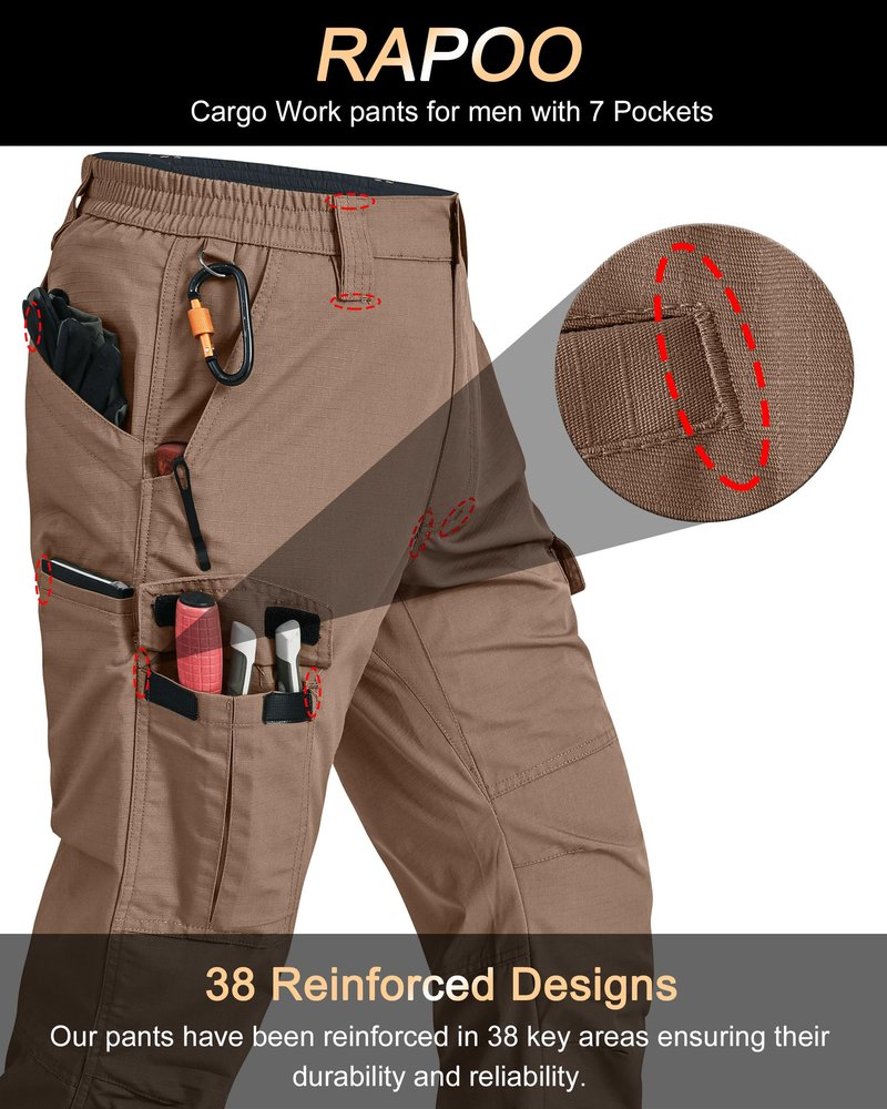 Rapoo Work Pants for Men Cargo Tactical Military Army Pants for Men with Pockets Heavy Duty Elastic Waist Mens Ripstop Construction Outdoor Pants Brown 32Wx30L