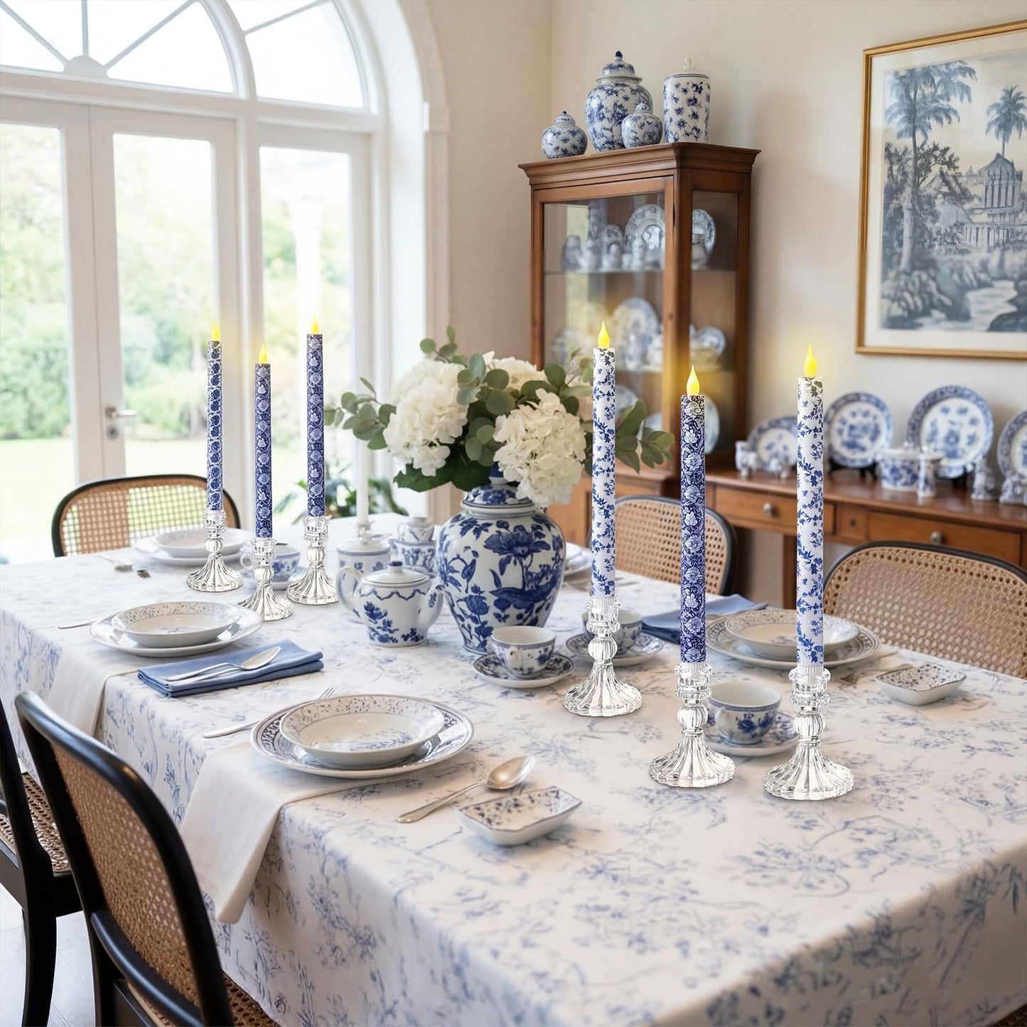 Baquler 6 Pcs Chinoiserie Flameless Candles Coastal Chinoiserie Decor 10.6 Inch Blue and White Battery Operated Led Candlesticks for Holiday Wedding Party Summer Table Centerpiece Home Mantel Decor