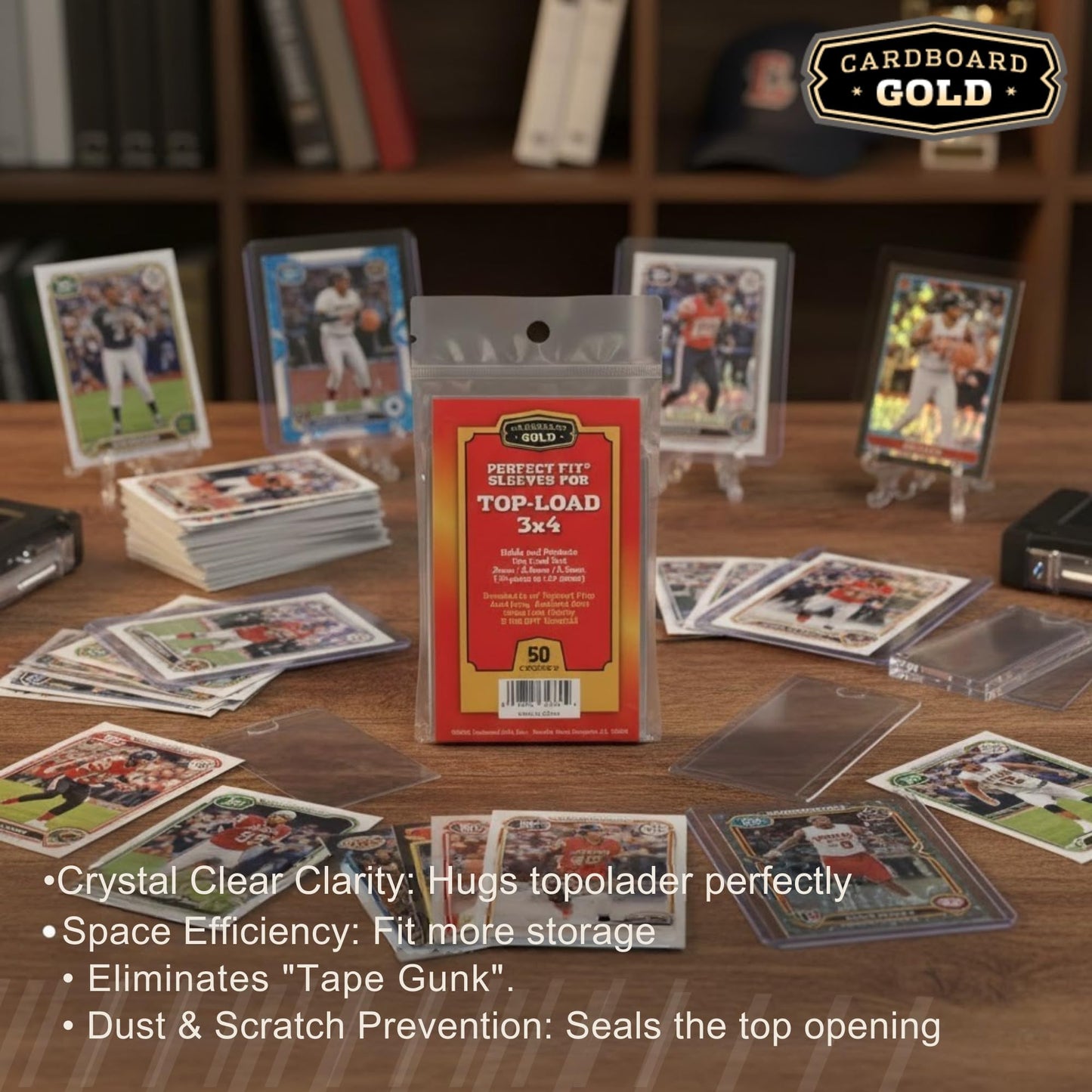 Cardboard Gold Toploader Sleeves - Ultimate Protection Resealable Snug Fit Top Loader Sleeves - Acid Free Archival Safe - Holds Toploaders Securely (140pt-190pt Sleeves, 50 Toploader Sleeves)